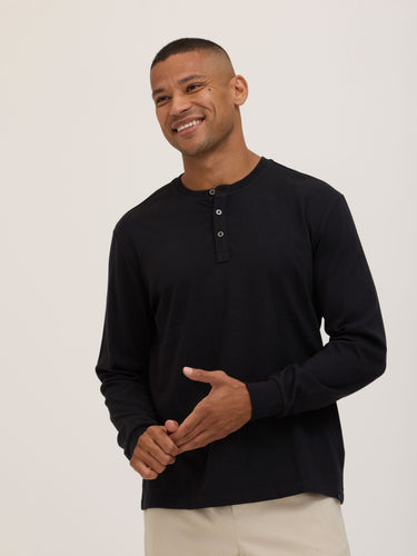 Doug Essential Jersey Long Sleeve 3-Button Henley Mens Tops Tshirt Long Henley Threads 4 Thought