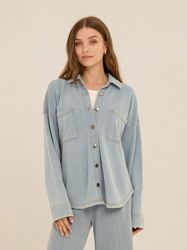 Blaire Denim Terry Button-Down Womens Tops Long Shirt Threads 4 Thought