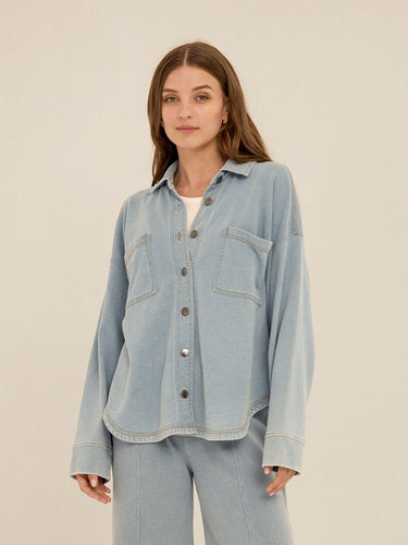 Blaire Denim Terry Button-Down Womens Tops Long Shirt Threads 4 Thought