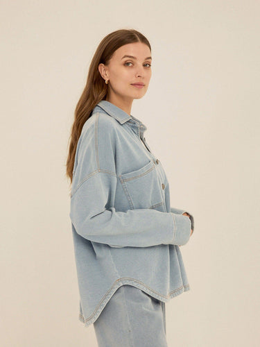 Blaire Denim Terry Button-Down Womens Tops Long Shirt Threads 4 Thought