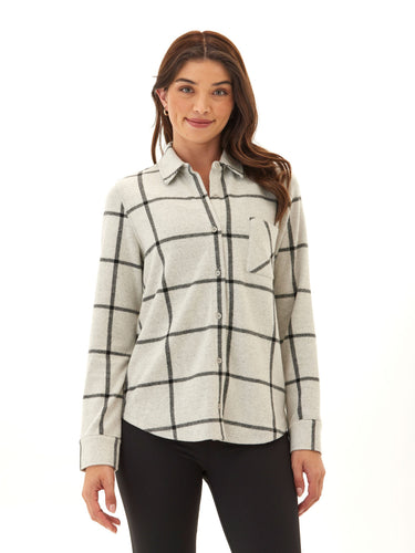 Kandyce Prairie Plaid Knit Fleece Button-Up Womens Tops Long Shirt Threads 4 Thought