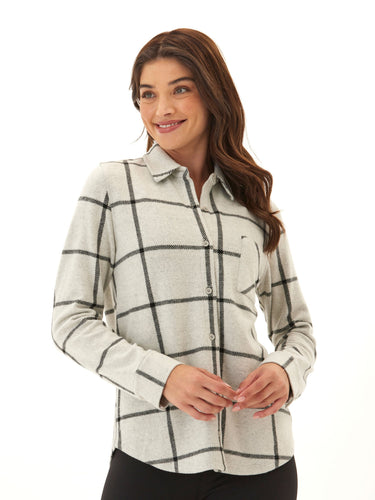 Kandyce Prairie Plaid Knit Fleece Button-Up Womens Tops Long Shirt Threads 4 Thought