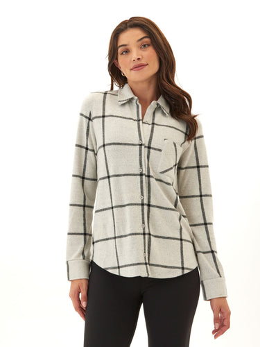 Kandyce Prairie Plaid Knit Fleece Button-Up Womens Tops Long Shirt Threads 4 Thought