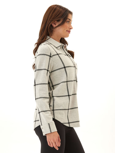 Kandyce Prairie Plaid Knit Fleece Button-Up Womens Tops Long Shirt Threads 4 Thought