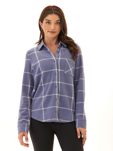 Kandyce Prairie Plaid Knit Fleece Button-Up Womens Tops Long Shirt Threads 4 Thought