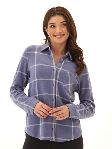 Kandyce Prairie Plaid Knit Fleece Button-Up Womens Tops Long Shirt Threads 4 Thought