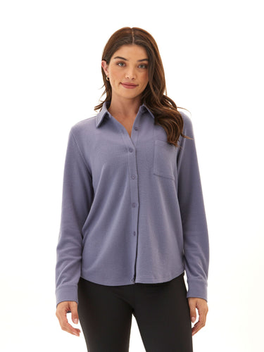 Kandyce Solid Knit Fleece Button-Up Womens Tops Long Shirt Threads 4 Thought