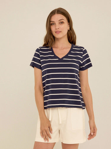 Maxine Stripe Eco Jersey V-Neck Tee Womens Tops Short Shirt Threads 4 Thought