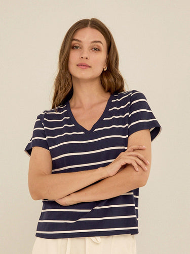 Maxine Stripe Eco Jersey V-Neck Tee Womens Tops Short Shirt Threads 4 Thought
