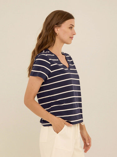Maxine Stripe Eco Jersey V-Neck Tee Womens Tops Short Shirt Threads 4 Thought