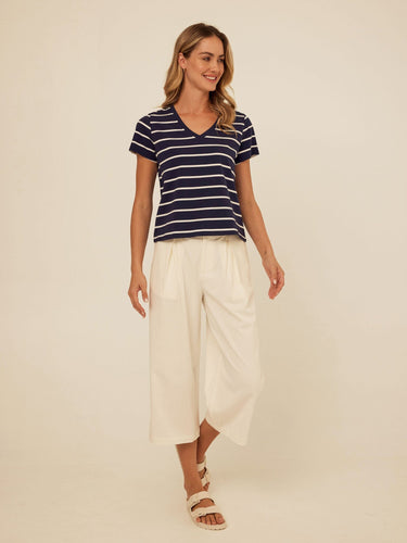 Mikki Stretch Twill Pleated Wide Leg Capri Pant Womens Bottoms Pants Threads 4 Thought