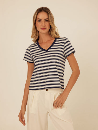 Maxine Cottage Stripe Eco Jersey V-Neck Tee Threads 4 Thought