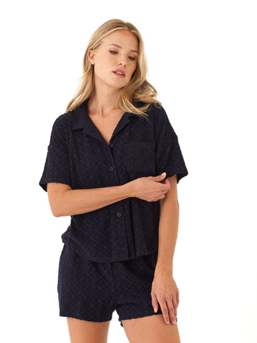 Mikaela Jacquard Terry Button-Up Womens Tops Short Shirt Threads 4 Thought