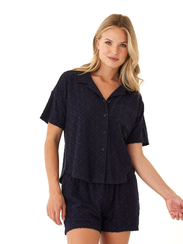 Mikaela Jacquard Terry Button-Up Womens Tops Short Shirt Threads 4 Thought