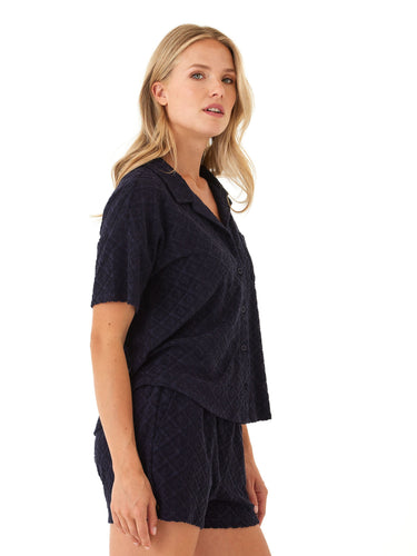 Mikaela Jacquard Terry Button-Up Womens Tops Short Shirt Threads 4 Thought