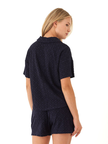 Mikaela Jacquard Terry Button-Up Womens Tops Short Shirt Threads 4 Thought