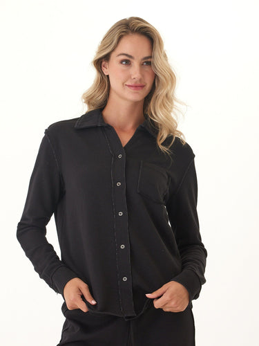 Kalynn Cotton Blend Terry Button-Down Womens Tops Long Shirt Threads 4 Thought