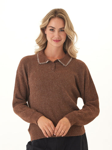 Julieta Cozy Solid Knit Long Sleeve Sweater Polo Womens Outerwear Sweater Threads 4 Thought