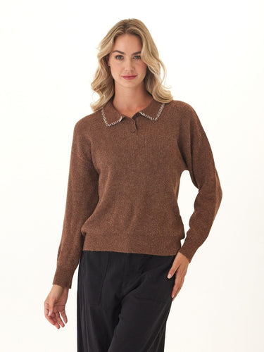 Julieta Cozy Solid Knit Long Sleeve Sweater Polo Womens Outerwear Sweater Threads 4 Thought