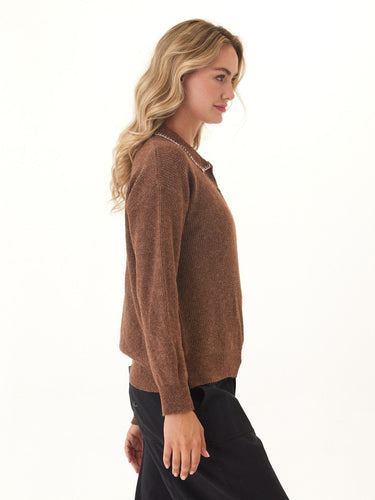 Julieta Cozy Solid Knit Long Sleeve Sweater Polo Womens Outerwear Sweater Threads 4 Thought
