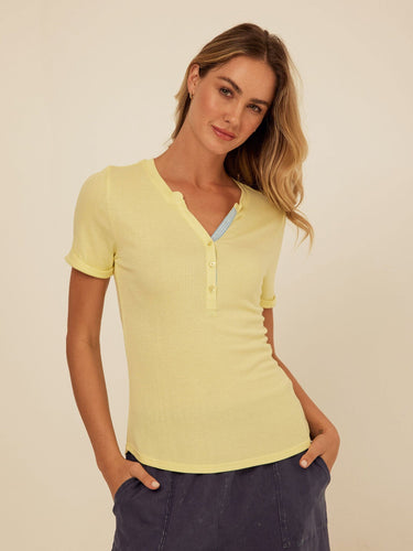 Akia Feather Rib Trim Detail Henley Tee Womens Tops Short Shirt Threads 4 Thought
