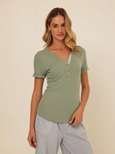 Akia Feather Rib Trim Detail Henley Tee Womens Tops Short Shirt Threads 4 Thought