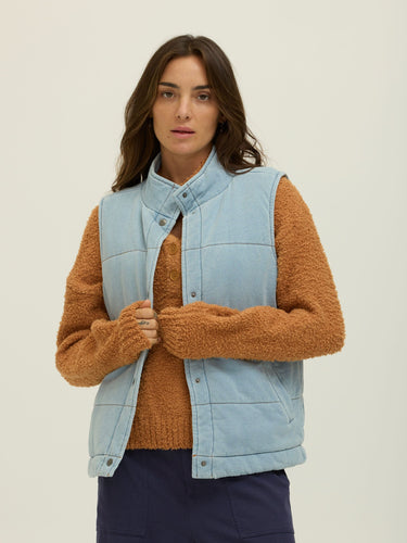 Malia Denim Terry Puffer Vest Womens Outerwear Sweatshirt Threads 4 Thought