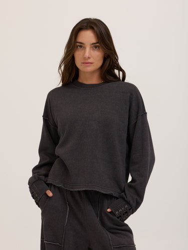 Roxanna Mineral Wash Fleece Tie Cuff Sweatshirt Womens Outerwear Sweatshirt Threads 4 Thought
