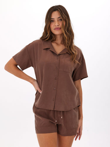 Mikaela Breezy Linen Button-Up Womens Tops Short Threads 4 Thought