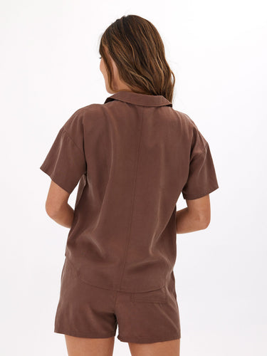 Mikaela Breezy Linen Button-Up Womens Tops Short Threads 4 Thought