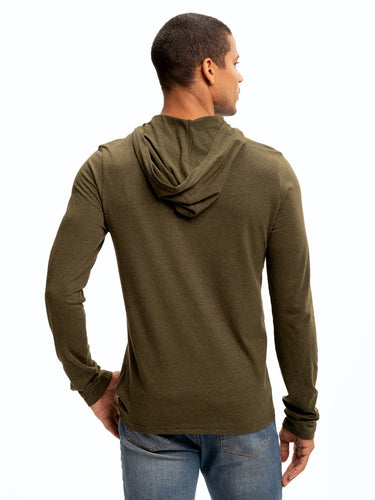 Long Sleeve Triblend 2-Button Henley Hoodie Mens Tops Tshirt Long Threads 4 Thought