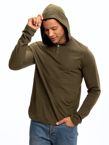 Long Sleeve Triblend 2-Button Henley Hoodie Mens Tops Tshirt Long Threads 4 Thought
