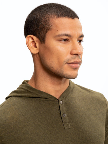Long Sleeve Triblend 2-Button Henley Hoodie Mens Tops Tshirt Long Threads 4 Thought