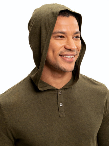 Long Sleeve Triblend 2-Button Henley Hoodie Mens Tops Tshirt Long Threads 4 Thought