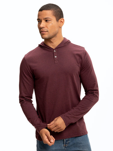 Long Sleeve Triblend 2-Button Henley Hoodie Mens Tops Tshirt Long Threads 4 Thought