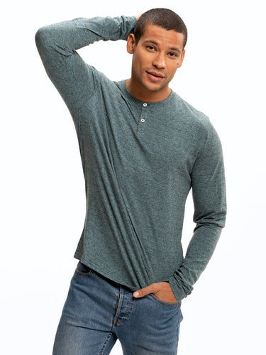 Braeden Black Fleck Long Sleeve Triblend Henley Mens Tops Tshirt Long Threads 4 Thought