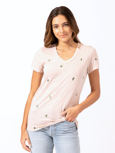Cacti Embroidery V-Neck Tee Womens Tops Short Threads 4 Thought