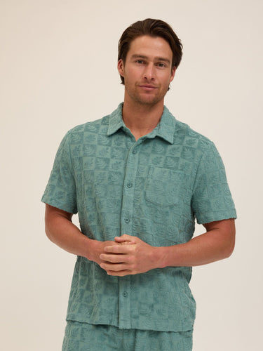 Paxton Tile Leaf Jacquard Terry Button-Down Pocket Shirt Mens Tops Tshirt Short Threads 4 Thought 