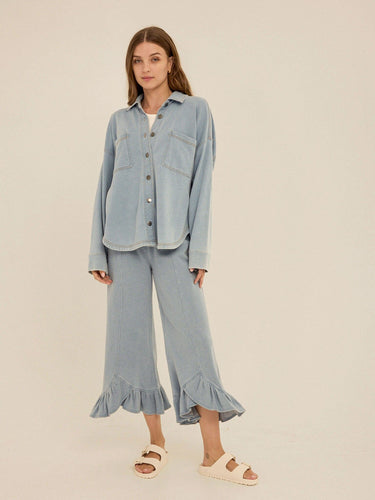 Blaire Denim Terry Button-Down Womens Tops Long Shirt Threads 4 Thought 