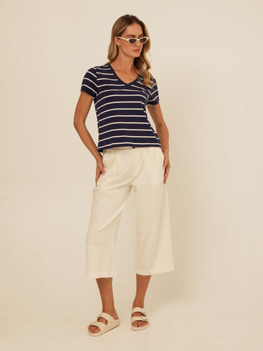 Mikki Stretch Twill Pleated Wide Leg Capri Pant Womens Bottoms Pants Threads 4 Thought 