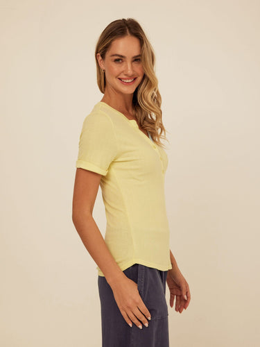 Akia Feather Rib Trim Detail Henley Tee Womens Tops Short Shirt Threads 4 Thought 
