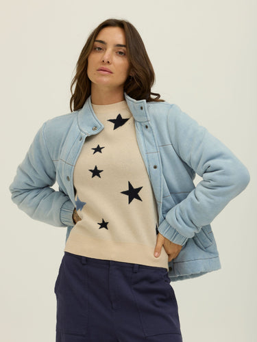 Malia Denim Terry Puffer Jacket Womens Outerwear Sweatshirt Threads 4 Thought 